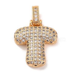 Brass Micro Pave Cubic Zirconia Pendants, Real 18K Gold Plated, Clear, Letter T, 18.5~24x12.5~25.5x5~5.5mm, Hole: 5x3mm(KK-C076-29T-G01)