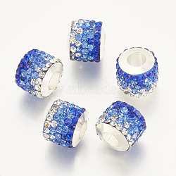 Polymer Clay Rhinestone European Beads, Large Hole Beads, with Platinum Tone Brass Single Cores, Column, Sapphire, 10x11~12mm, Hole: 4.5mm(RB-T005-01B)