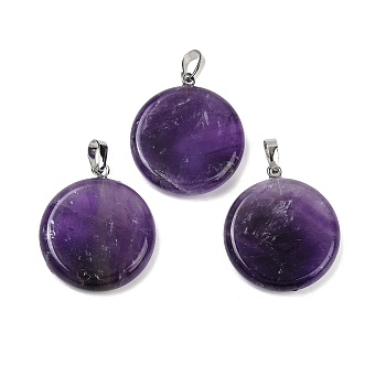 Natural Amethyst Pendants, Disc Charms with Platinum Tone Brass Findings, 28x25x6.5mm, Hole: 7x4mm