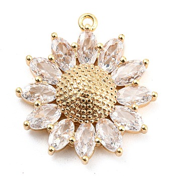 Brass Pave Cubic Zirconia Pendants, Real 14K Gold Plated, Flower, WhiteSmoke, 21.5x19.5x5mm, Hole: 1.2mm