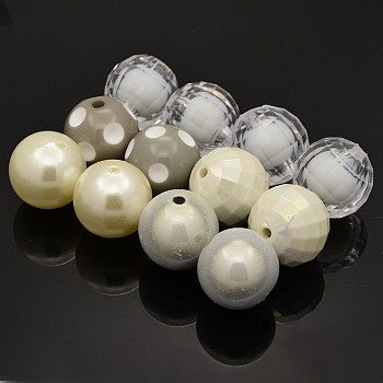 Round Chunky Bubblegum Acrylic Beads, Imitation Pearl & Opaque & AB Color & Bead in Bead Style, White, 20mm, Hole: 2.5~3mm, 5pcs/set