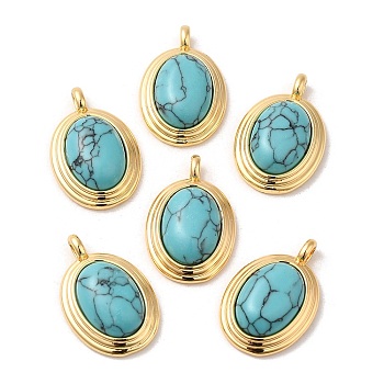 Synthetic Turquoise Pendants, Brass Oval Charms, Real 18K Gold Plated, 23x15x7mm, Hole: 3x2mm