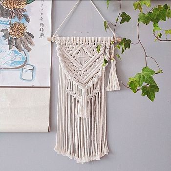 Cotton Cord Macrame Woven Wall Hanging, with Plastic Non-Trace Wall Hooks, for Nursery and Home Decoration, Floral White, 850x250x20mm
