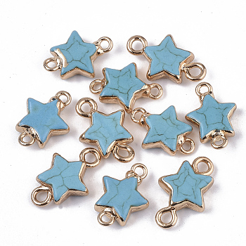 Synthetic Turquoise Links connectors, with Edge Golden Plated Iron Loops, Star, 20x12.5x4mm, Hole: 2mm