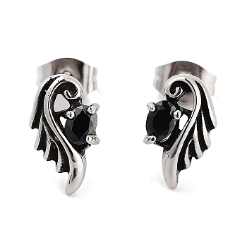 Wing 316 Surgical Stainless Steel Pave Cubic Zirconia Stud Earrings for Women Men, Antique Silver, Black, 12x8mm