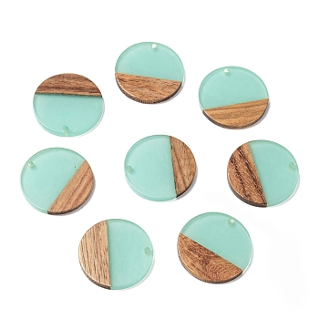 Resin & Walnut Wood Pendants, Flat Round, Pale Turquoise, 28.5x3.5~4mm, Hole: 1.5mm