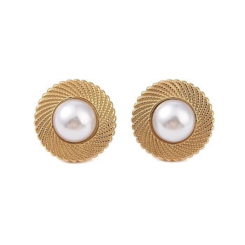 Ion Plating(IP) 304 Stainless Steel with ABS Imitation Pearl Stud Earrings for Women, Flat Round, Golden, 19mm