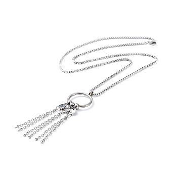 304 Stainless Steel Ring with Tassel Pendant Necklace with Box Chains for Women, Stainless Steel Color, 24.21 inch(61.5cm)