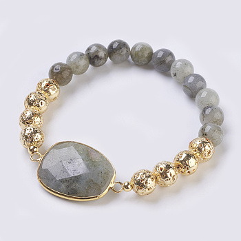 Electroplated Natural Lava Rock and Natural Frosted Amazonite Stretch Bracelets, Round & Trapezoid, Golden, 2.08 inch(5.3cm) links: 33x21x7.5mm.