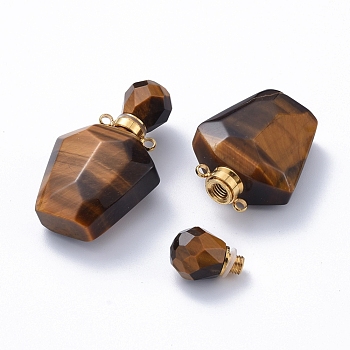 Faceted Natural Tiger Eye Openable Perfume Bottle Pendants, Essential Oil Bottles, with Golden Tone 304 Stainless Steel Findings, 35.5~37.5x23x13.5mm, Hole: 1.8mm, Capacity: about 2ml(0.06 fl. oz)