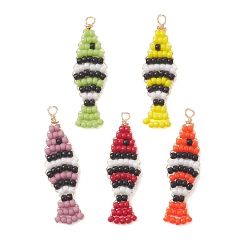 Copper Wired Glass Seed Bead Pendants, Fish Charm, Mixed Color, 36x11x2.5mm, Hole: 1.8mm