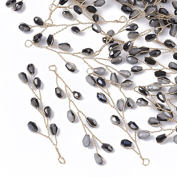 Glass Seed Beads Wire Wrapped Big Pendants, with Golden Plated Brass Wires, Light Grey, 51~55x11~14x3mm, Hole: 2mm