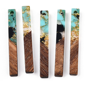 Transparent Resin & Walnut Wood Pendants, with Gold Foil, Rectangle Charms, Turquoise, 40x5x4mm, Hole: 2mm