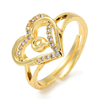 Heart with Letter Rack Plating Brass Micro Pave Clear Cubic Zirconia Adjustable Rings for Women, Lead Free & Cadmium Free, Real 18K Gold Plated, Letter Q, Inner Diameter: 16mm