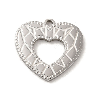 304 Stainless Steel Pendants, Textured and Laser Cut, Heart Charm, Stainless Steel Color, 14.5x15.5x1.5mm, Hole: 1.4mm