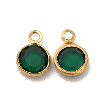 Ion Plating(IP) 304 Stainless Steel with Glass Charms, Real 18K Gold Plated, Faceted Flat Round, Sea Green, 9.5x6.5x2mm, Hole: 1.5mm