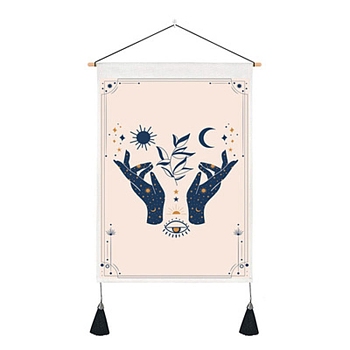 Tarot Pattern Polycotton Wall Hanging Tapestry, Vertical Tapestry, with Wood Rod & Iron Traceless Nail & Cord, for Home Decoration, Rectangle with Palm/Moon/Sun/Flower Pattern, Prussian Blue, 500x350mm