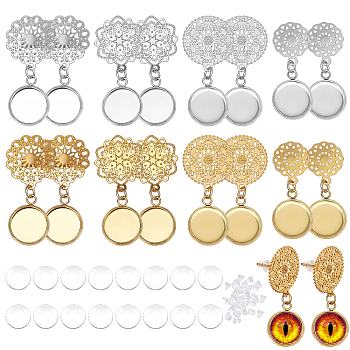 8 Pairs 4 Styles Blank Dome Glass Dangle Stud Earrings, Flat Round & Flower 304 Stainless Steel Drop Earrings for Women, Golden & Stainless Steel Color, 28~32mm, Pin: 0.7mm, 2 Pairs/style