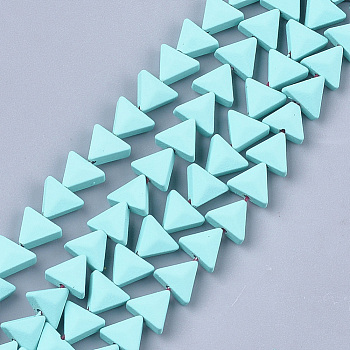 Spray Painted Non-magnetic Synthetic Hematite Beads Strands, Triangle, Pale Turquoise, 6x7x3.5mm, Hole: 0.8mm, about 66~70pcs/strand, 15.1 inch~16.3 inch