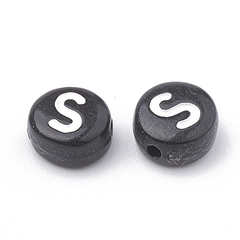 Opaque Acrylic Beads, Horizontal Hole, Alphabet Style, Flat Round, Letter.S, 7x4mm, Hole: 1.5mm, about 3700pcs/500g