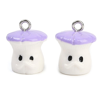 Opaque Resin Pendants, Mushroom Charms, with Platinum Tone Iron Loop, Lilac, 17x13.5x13.5mm, Hole: 2mm