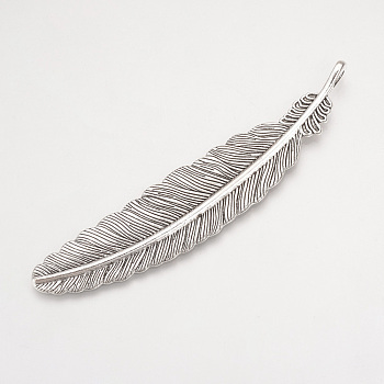 Tibetan Style Alloy Big Pendants, Feather, Cadmium Free & Lead Free, Antique Silver, 105x22x2mm, Hole: 4mm