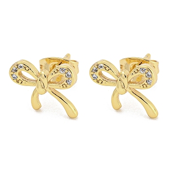 Brass Micro Pave Cubic Zirconia Ear Studs, Bowknot, Real 18K Gold Plated, 10x11.5mm