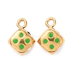 304 Stainless Steel Pendants, with Enamel, Dice Charms, Ion Plating(IP), Real 18K Gold Plated, Green, 13.5x10x8mm, Hole: 2mm(STAS-D263-18A-G)