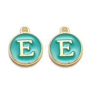 Golden Plated Alloy Enamel Charms, Enamelled Sequins, Flat Round with Alphabet, Letter.E, Green, 14x12x2mm, Hole: 1.5mm(X-ENAM-Q437-15E)