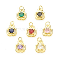 Rack Plating Brass Cubic Zirconia Charms, with Jump Ring, Cadmium Free & Lead Free, Long-Lasting Plated, Real 18K Gold Plated, Apple Charm for Teacher's Day, Mixed Color, 13x10.5x5.5mm, Hole: 3mm(KK-C011-52G)