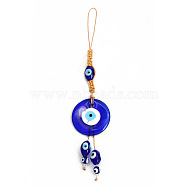 Flat Round with Evil Eye Glass Pendant Decorations, Polyester Braided Hanging Ornament, Royal Blue, 180mm(EVIL-PW0002-04E)
