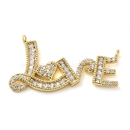 Valentine's Day Rack Plating Brass Micro Pave Clear Cubic Zirconia Pendants, Long-Lasting Plated, Cadmium Free & Lead Free, Word Love, Real 18K Gold Plated, 18.5x34x3.5mm, Hole: 1.4mm(KK-C047-13G)
