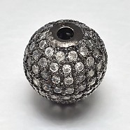 Round Brass Micro Pave Cubic Zirconia Beads, Clear, Gunmetal, 12mm, Hole: 2mm(ZIRC-N016-01B-12mm)