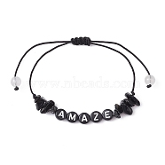 Natural Obsidian Chip Braided Bead Bracelets, Acrylic Word Bead Adjustable Bracelets for Women, Inner Diameter: 5/8~3-1/4 inch(1.7~8.2cm)(BJEW-JB09608-06)