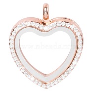 Alloy & Glass Floating Locket Pendants, with Rhinestone and Magnet, Heart Charm, Rose Gold, 35x30x7mm(PW23032039666)