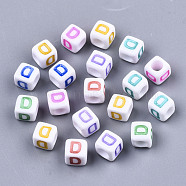 Opaque White Acrylic Beads, with Enamel, Horizontal Hole, Cube with Mixed Color Letter, Letter.D, 6x6x6mm, Hole: 3mm, about 2900pcs/500g(SACR-R252-02D)