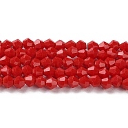 Opaque Solid Color Imitation Jade Glass Beads Strands, Faceted, Bicone, Red, 4x4mm, Hole: 0.8mm, about 87~98pcs/strand, 12.76~14.61 inch(32.4~37.1cm)(GLAA-F029-P4mm-02)