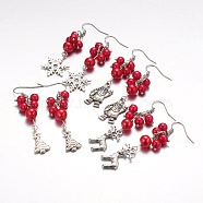 Mixed Christmas Theme Tibetan Style Alloy Dangle Earrings, with Glass Pearl Beads and Brass Earring Hooks, Red, 62~65mm, Pin: 0.6mm(EJEW-JE01637)