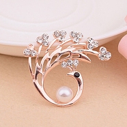 Alloy Glass Rhinestone Brooch, Plastic Imitation Pearl Vintage Women Badge for Valentine's Day, Peacock, 40mm(PW-WG27359-03)