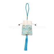 Brocade Sachet Bag, Drawstring Floral Embroidered Bag, Rectangle with Tassel, Light Blue, 42cm, Bag: 12.5x8.8x0.2cm, Bead: 0.8~0.9cm, Tassel: 12.5x1cm(ABAG-H108-03C)