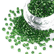 Transparent Glass Seed Beads, Round Silver Lined Hole, Round, Green, 2.5~3.5x1.5~3mm, Hole: 0.7~1mm, about 450g/pound(SEED-N005-003-I01)