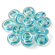 UV Plating Rainbow Iridescent Acrylic Beads, Two Tone Bead in Bead, Flat Round, Turquoise, 29.5x10.5mm, Hole: 3mm(OACR-P010-17B)