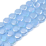 Electroplate Glass Beads Strands, Imitation Jade Beads, AB Color Plated, Faceted, Octagon, Cornflower Blue, 7~8x7~8x4mm, Hole: 1.2mm, about 72pcs/strand, 20.47 inch(52cm)(EGLA-N002-27-E02)