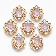Golden Tone Brass Pendants, with Faceted Glass and Rhinestone, Oval, Pearl Pink, 20x17.5x5.5mm, Hole: 1.2mm(GLAA-R212-05E)