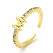 Clear Cubic Zirconia Initial Letter Open Cuff Ring, Real 18K Gold Plated Brass Jewelry for Women, Cadmium Free & Nickel Free & Lead Free, Letter.M, US Size 7 3/4(17.9mm)(RJEW-H120-09G-M)