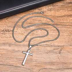 Men's Stainless Steel Cross Pendant Box Chain Necklaces, Stainless Steel Color, 23.62 inch(60cm)(PW-WGD1DFB-01)