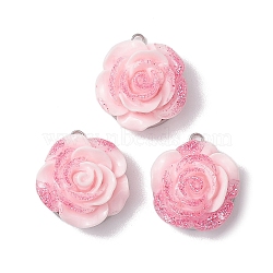 Opaque Resin Pendants, Glitter Flower Charms with 304 Stainless Steel Base, Stainless Steel Color, Pink, 21x19x10mm, Hole: 2mm, 10pcs/set(PALLOY-JF02772-01-S)