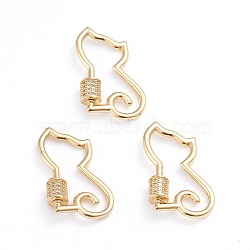 Brass Micro Pave Clear Cubic Zirconia Screw Carabiner Lock Charms, for Necklaces Making, Cat Shape, Real 18K Gold Plated, 28x19x2mm, Screw: 6x5.5mm(X-ZIRC-I041-06G)