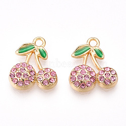 Rack Plating Alloy Pendants, with Rhinestone, Cherry, Light Rose, 16.5x14x3.5mm, Hole: 1.8mm(FIND-N005-21G-B)