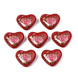 Flower Printed Opaque Acrylic Heart Beads, FireBrick, 16x19x8mm, Hole: 2mm(SACR-S305-28-I04)